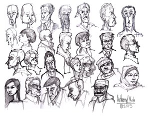A series of sketches of people riding muni.